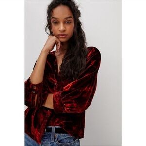 Anthropologie Pilcro Orsay Holiday Red Velvet Button Down Blouse, Size S